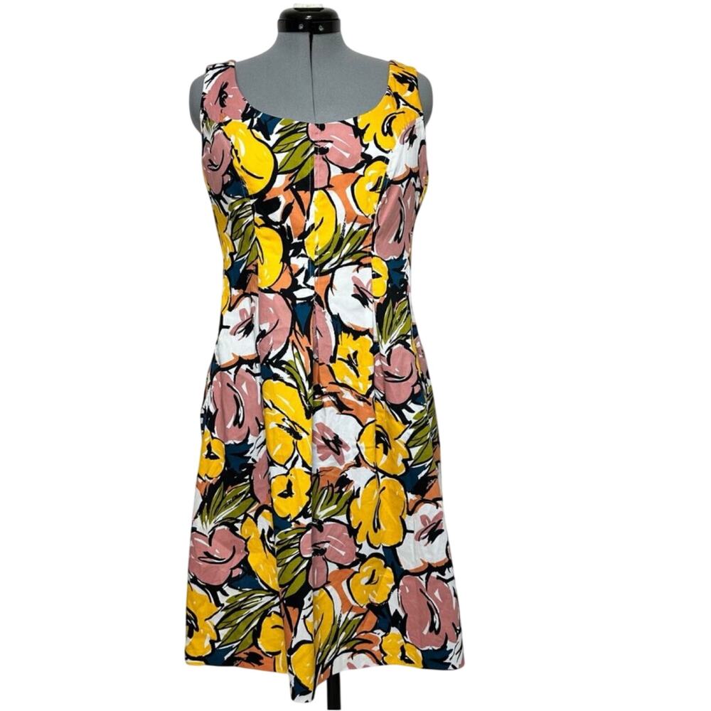 Nine West Colorful Floral Tea Length Midi Dress Size 14 Slit Pockets Retro Vibe